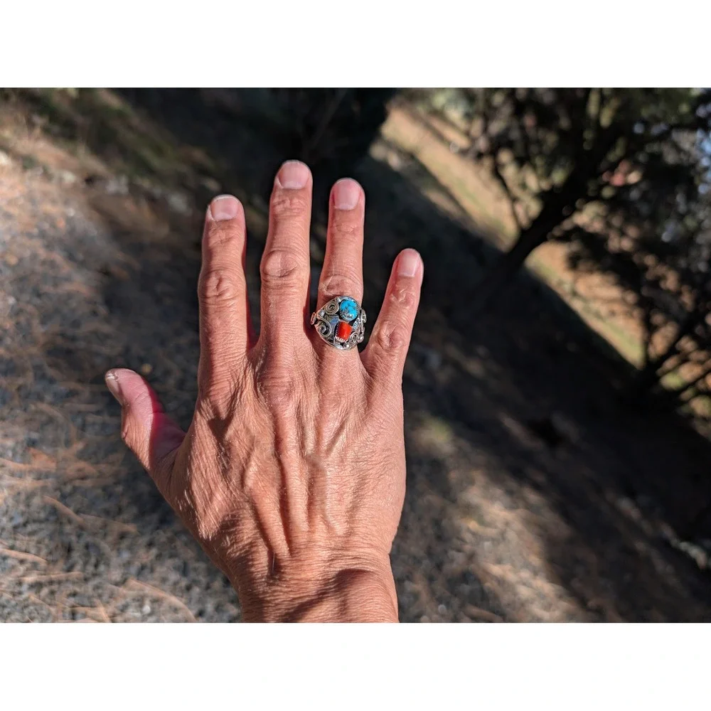 Navajo Men's Ring Sterling Silver Turquoise Coral by Lorena Brown sz 11.5 ***